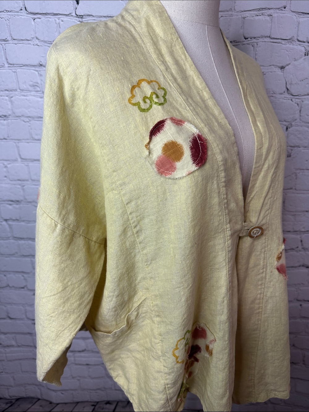 Y2K Odile 100% Linen Wearable Art Jacket XS Oversized Yellow Lagenlook Pockets